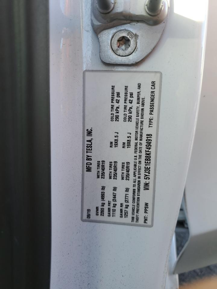 2019 Tesla Model 3 VIN: 5YJ3E1EB8KF494918 Lot: 80410085