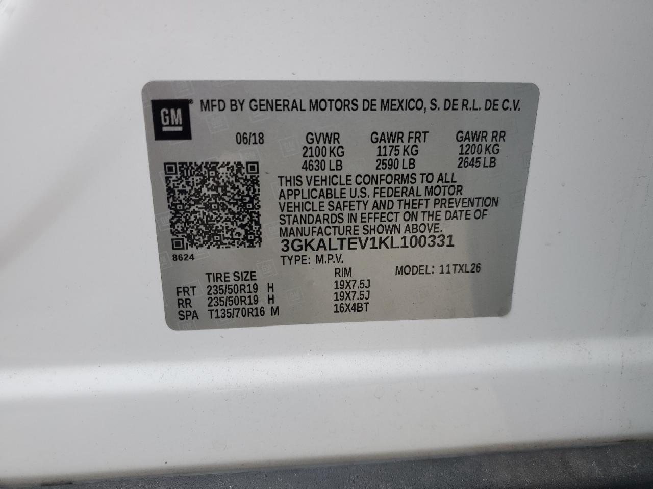 2019 GMC Terrain Sle VIN: 3GKALTEV1KL100331 Lot: 72080815