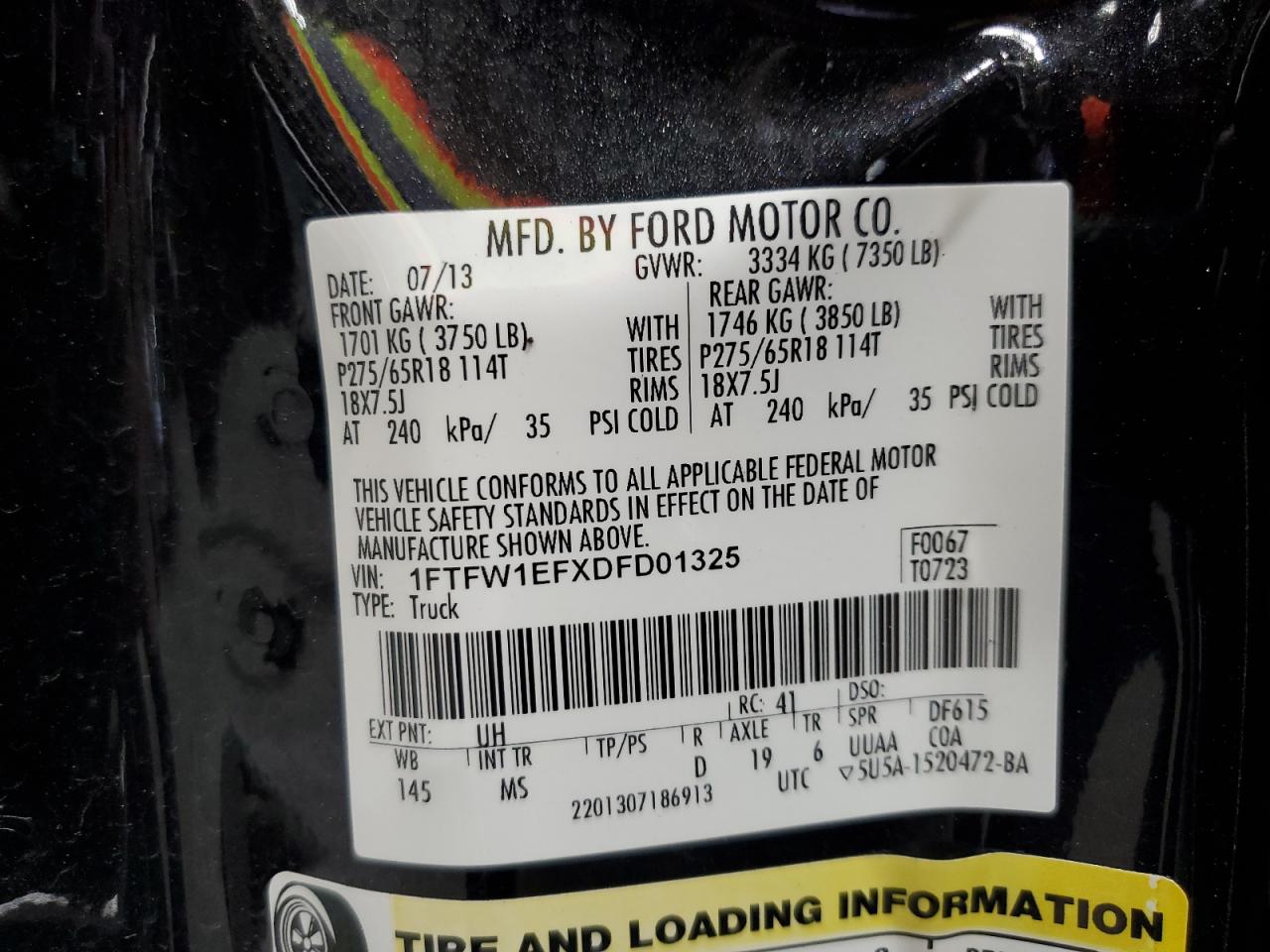 2013 Ford F150 Supercrew VIN: 1FTFW1EFXDFD01325 Lot: 81837035