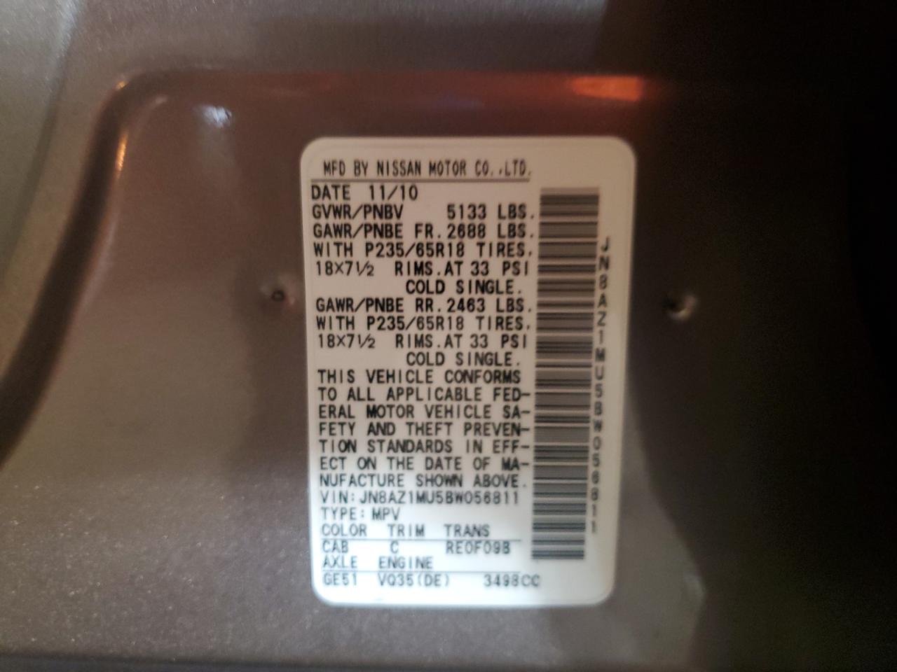 2011 Nissan Murano S VIN: JN8AZ1MU5BW056811 Lot: 80254245