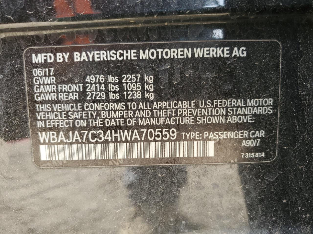 2017 BMW 530 Xi VIN: WBAJA7C34HWA70559 Lot: 82089205