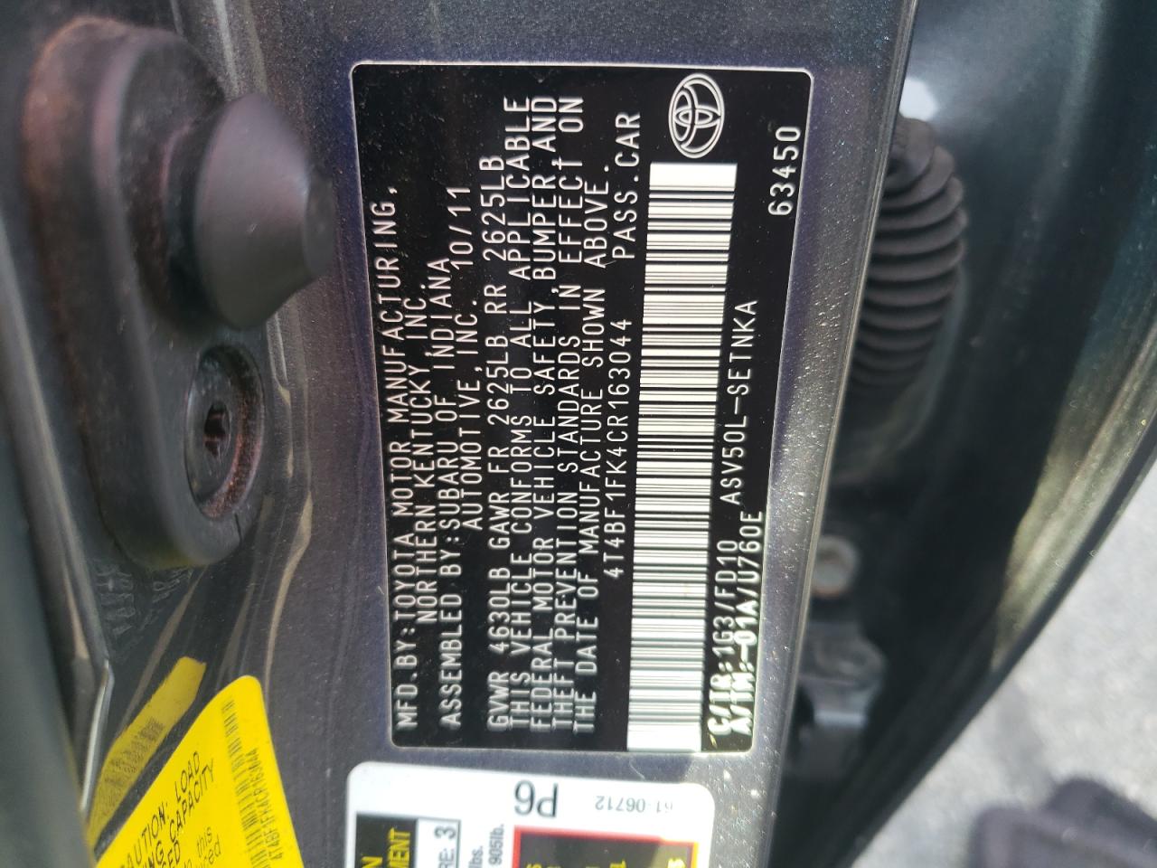 2012 Toyota Camry Base VIN: 4T4BF1FK4CR163044 Lot: 84218205