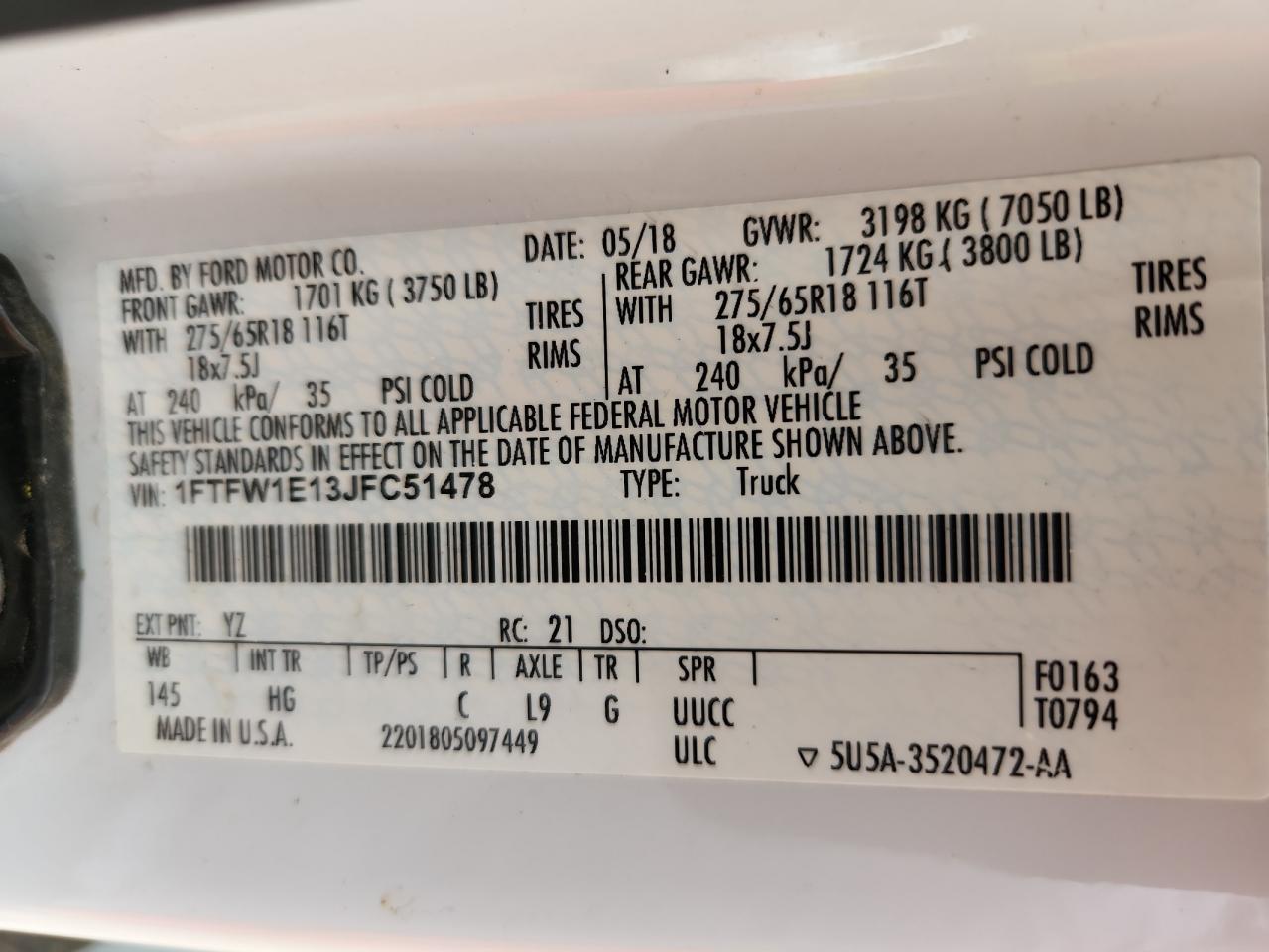 2018 Ford F150 Supercrew VIN: 1FTFW1E13JFC51478 Lot: 69487175