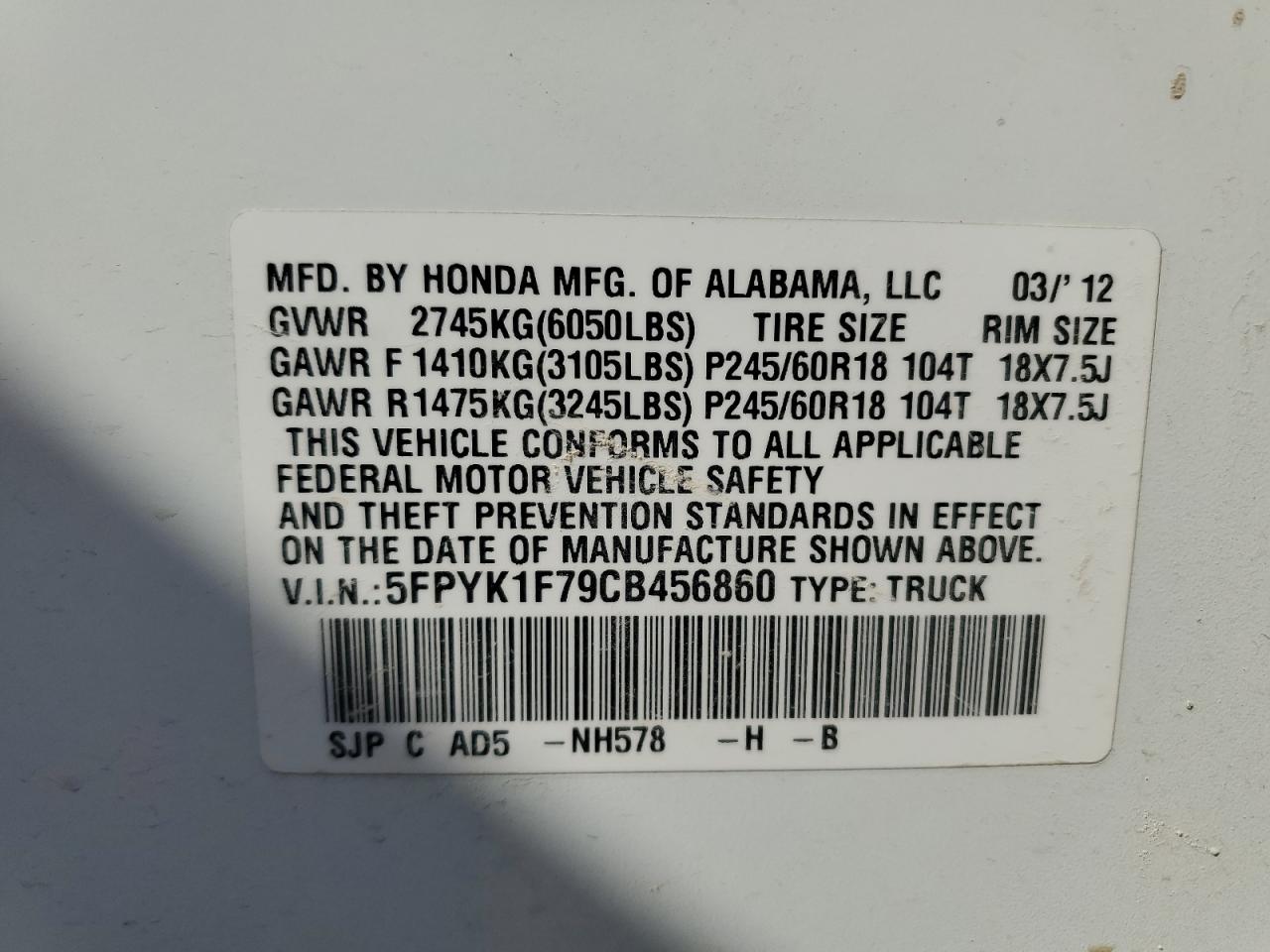 2012 Honda Ridgeline Sport VIN: 5FPYK1F79CB456860 Lot: 71215285