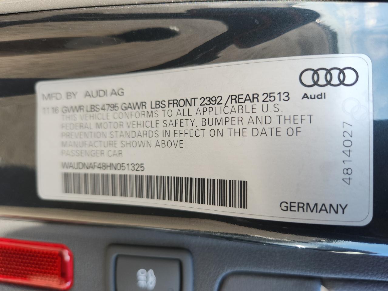 2017 Audi A4 Premium VIN: WAUDNAF48HN051325 Lot: 80545875