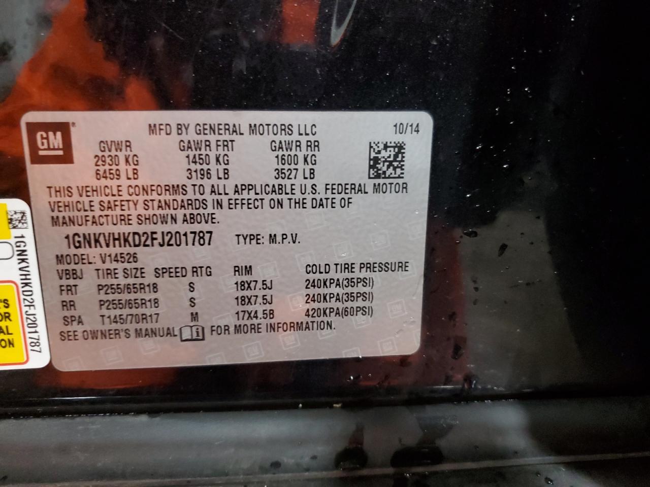 2015 Chevrolet Traverse Lt VIN: 1GNKVHKD2FJ201787 Lot: 81817845