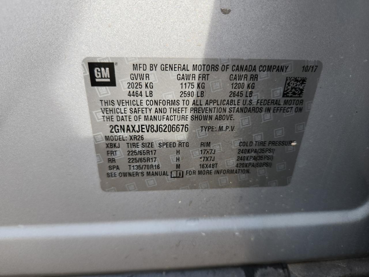 2018 Chevrolet Equinox Lt VIN: 2GNAXJEV8J6206676 Lot: 81711395