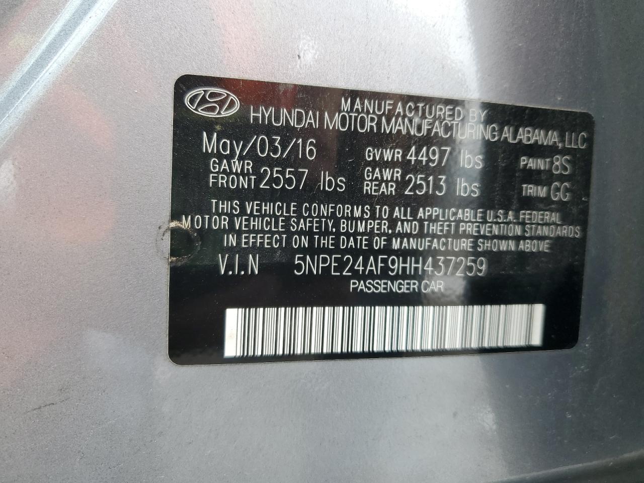 2017 Hyundai Sonata Se VIN: 5NPE24AF9HH437259 Lot: 84211365