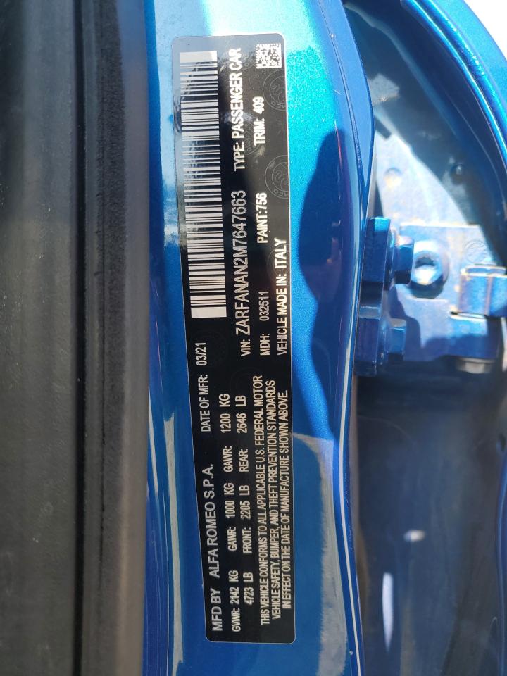 2021 Alfa Romeo Giulia Sport VIN: ZARFANAN2M7647663 Lot: 71123945