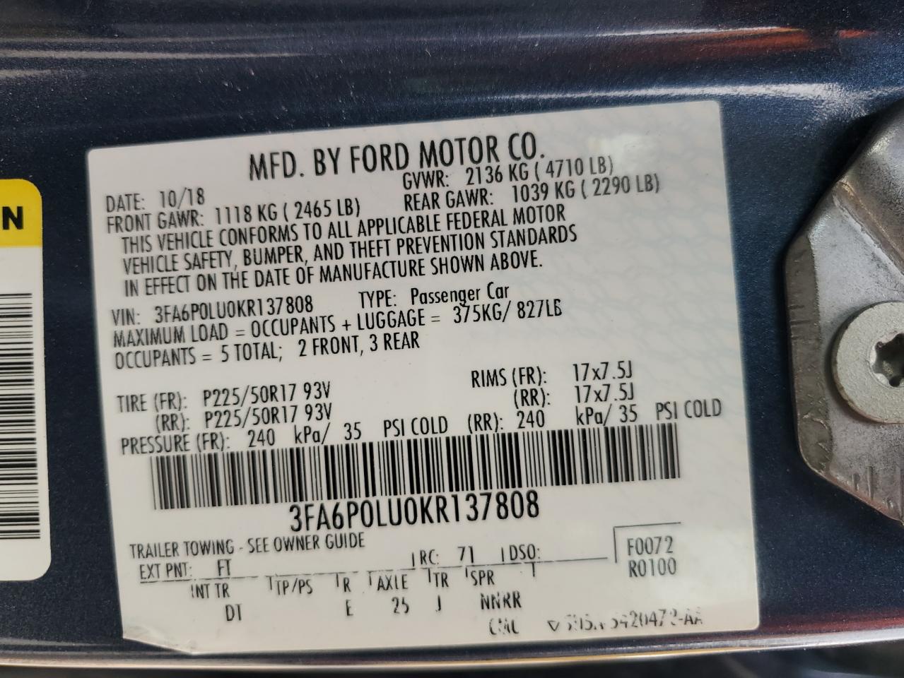 2019 Ford Fusion Se VIN: 3FA6P0LU0KR137808 Lot: 71536115