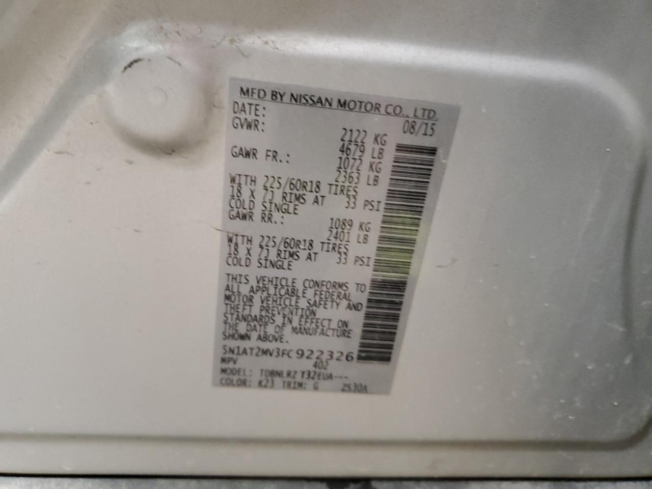 2015 Nissan Rogue S VIN: 5N1AT2MV3FC922326 Lot: 71509035