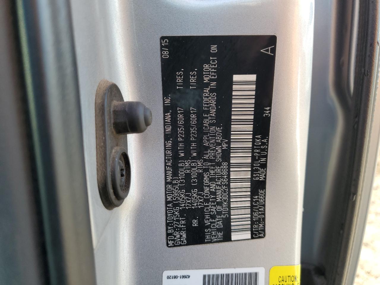 2015 Toyota Sienna Xle VIN: 5TDYK3DC2FS648688 Lot: 80130225