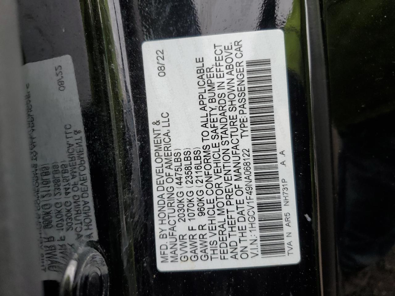 2022 Honda Accord Sport Se VIN: 1HGCV1F49NA068122 Lot: 80966285