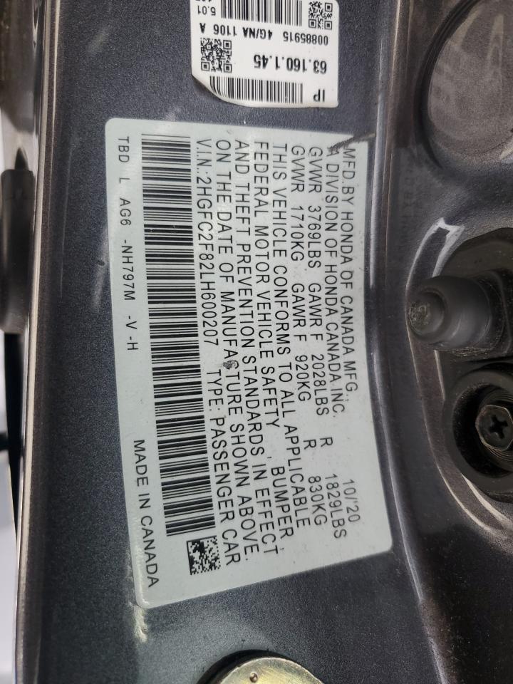 2020 Honda Civic Sport VIN: 2HGFC2F82LH600207 Lot: 83977425