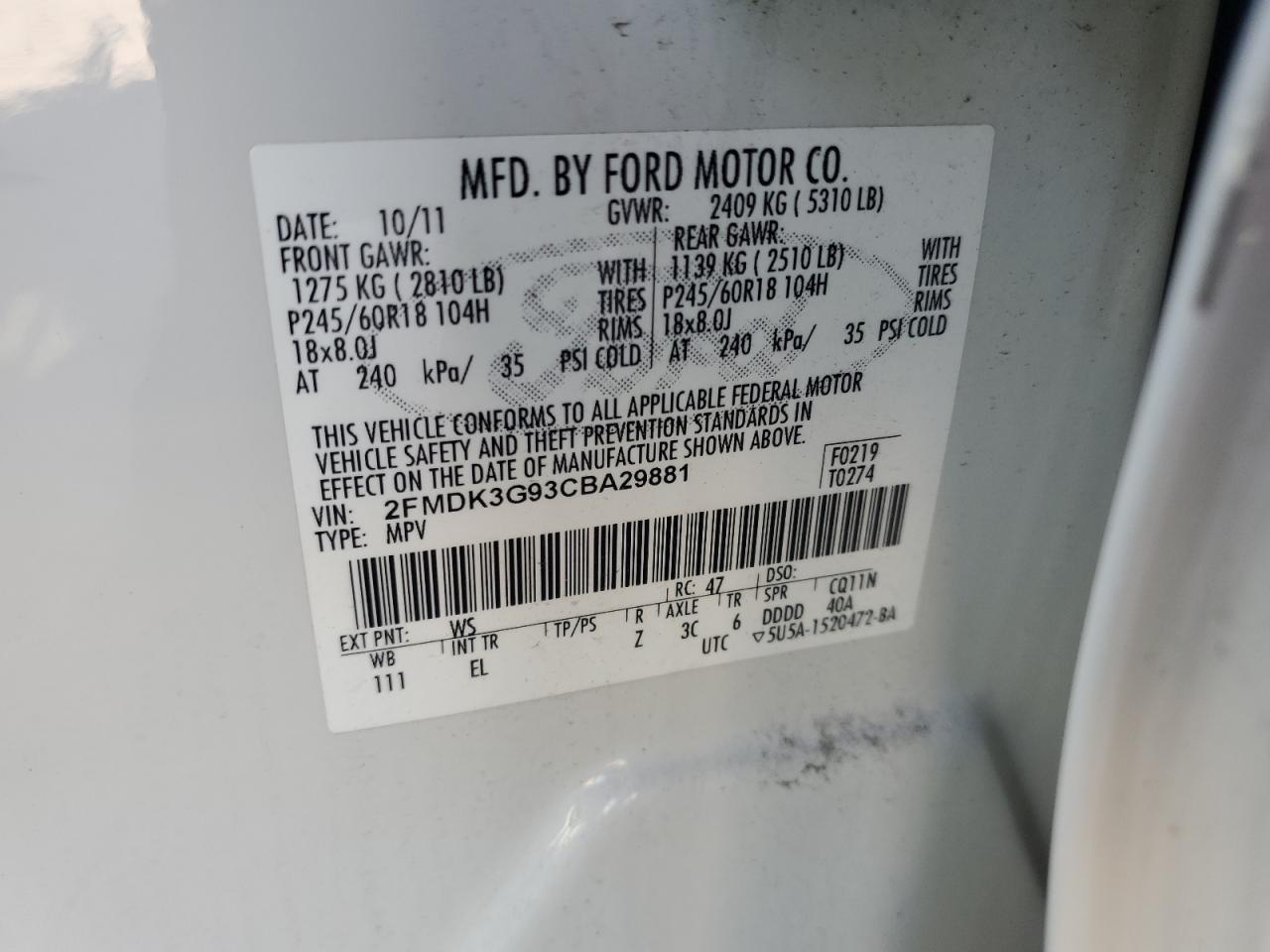 2012 Ford Edge Se VIN: 2FMDK3G93CBA29881 Lot: 70637965