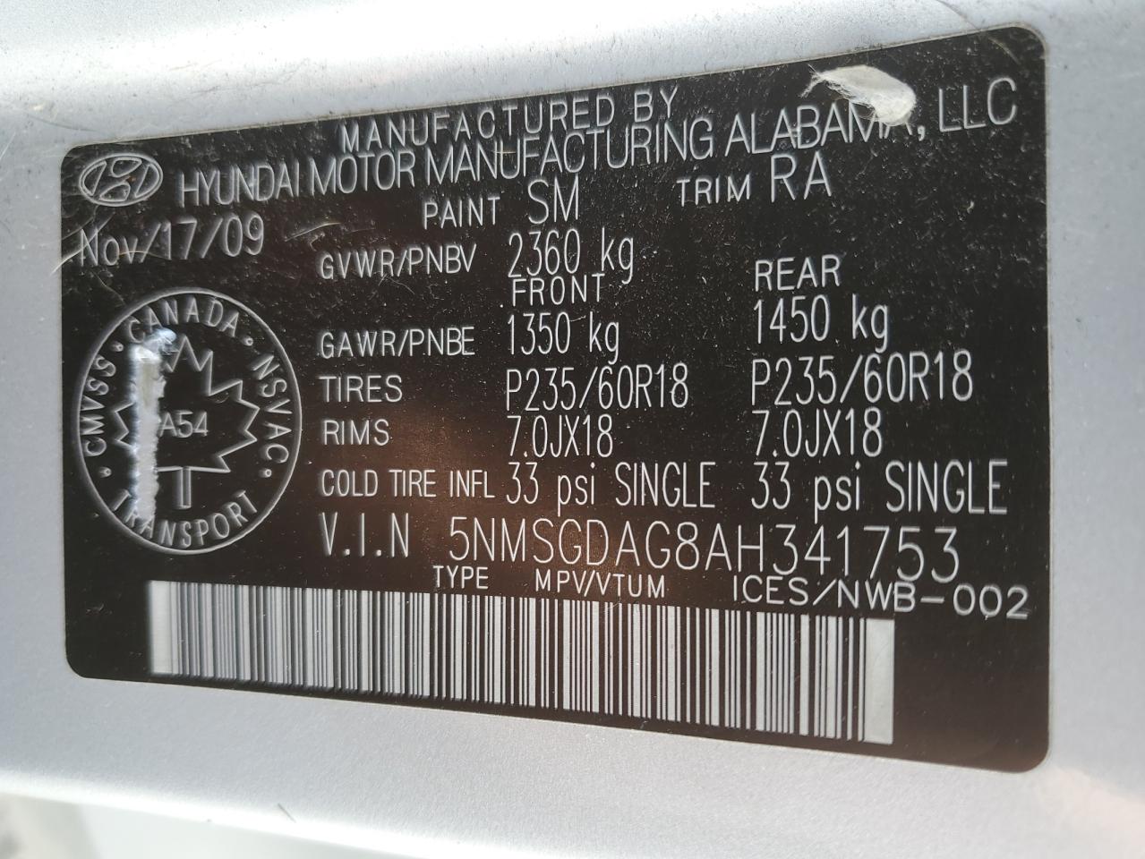 2010 Hyundai Santa Fe Gls VIN: 5NMSGDAG8AH341753 Lot: 66276635