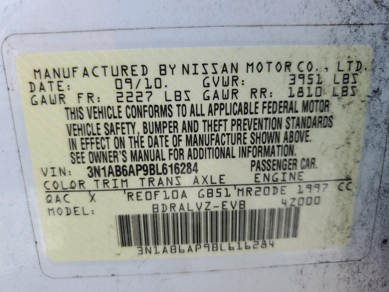 2011 Nissan Sentra 2.0 VIN: 3N1AB6AP9BL616284 Lot: 83965895