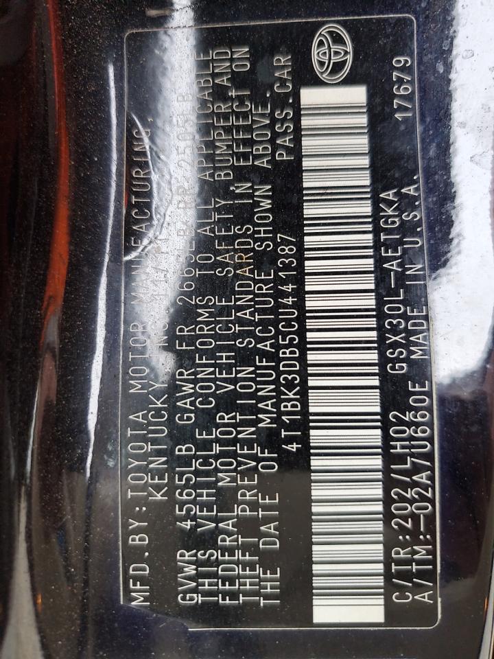 2012 Toyota Avalon Base VIN: 4T1BK3DB5CU441387 Lot: 81260775