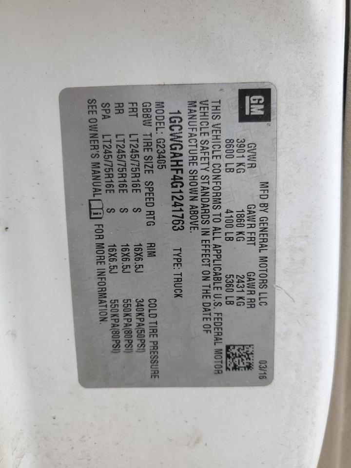 2016 Chevrolet Express G2500 VIN: 1GCWGAHF4G1241763 Lot: 83837225