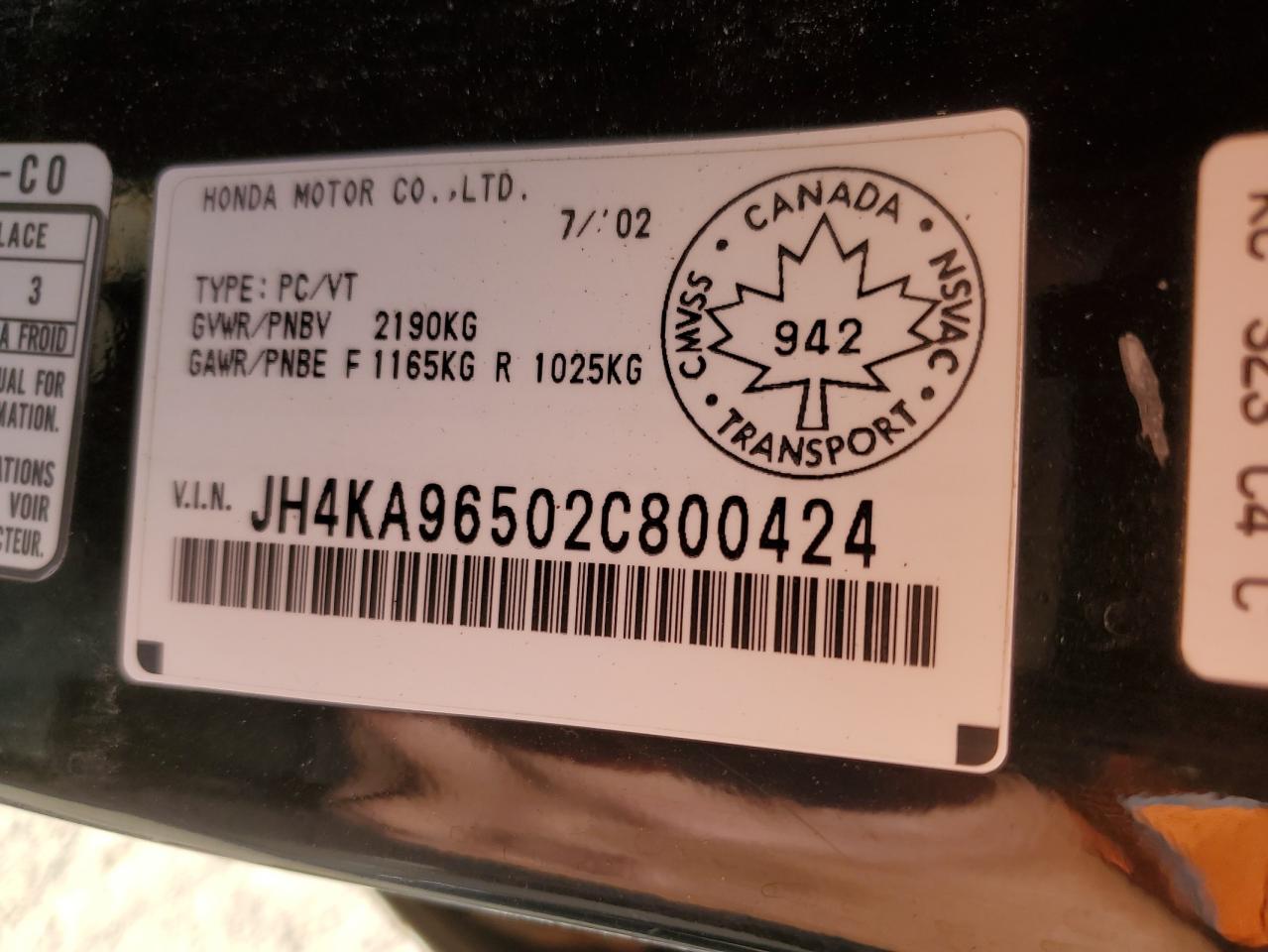 2002 Acura 3.5Rl VIN: JH4KA96502C800424 Lot: 80363255