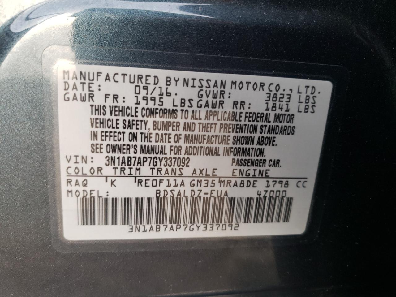 2016 Nissan Sentra S VIN: 3N1AB7AP7GY337092 Lot: 80514355