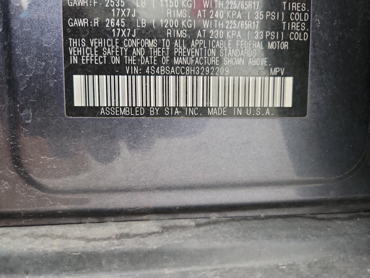 2017 Subaru Outback 2.5I Premium VIN: 4S4BSACC8H3292209 Lot: 84595255