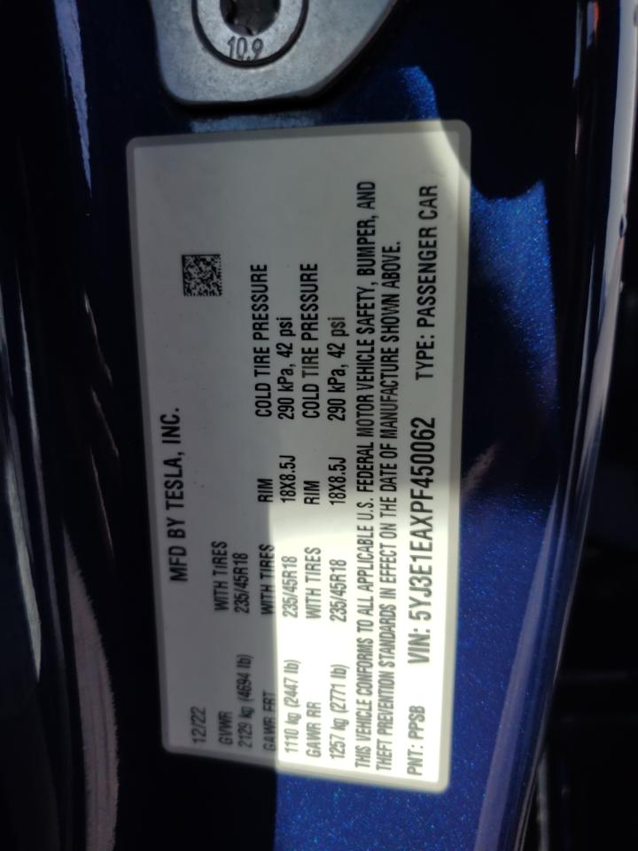 2023 Tesla Model 3 VIN: 5YJ3E1EAXPF450062 Lot: 84358325