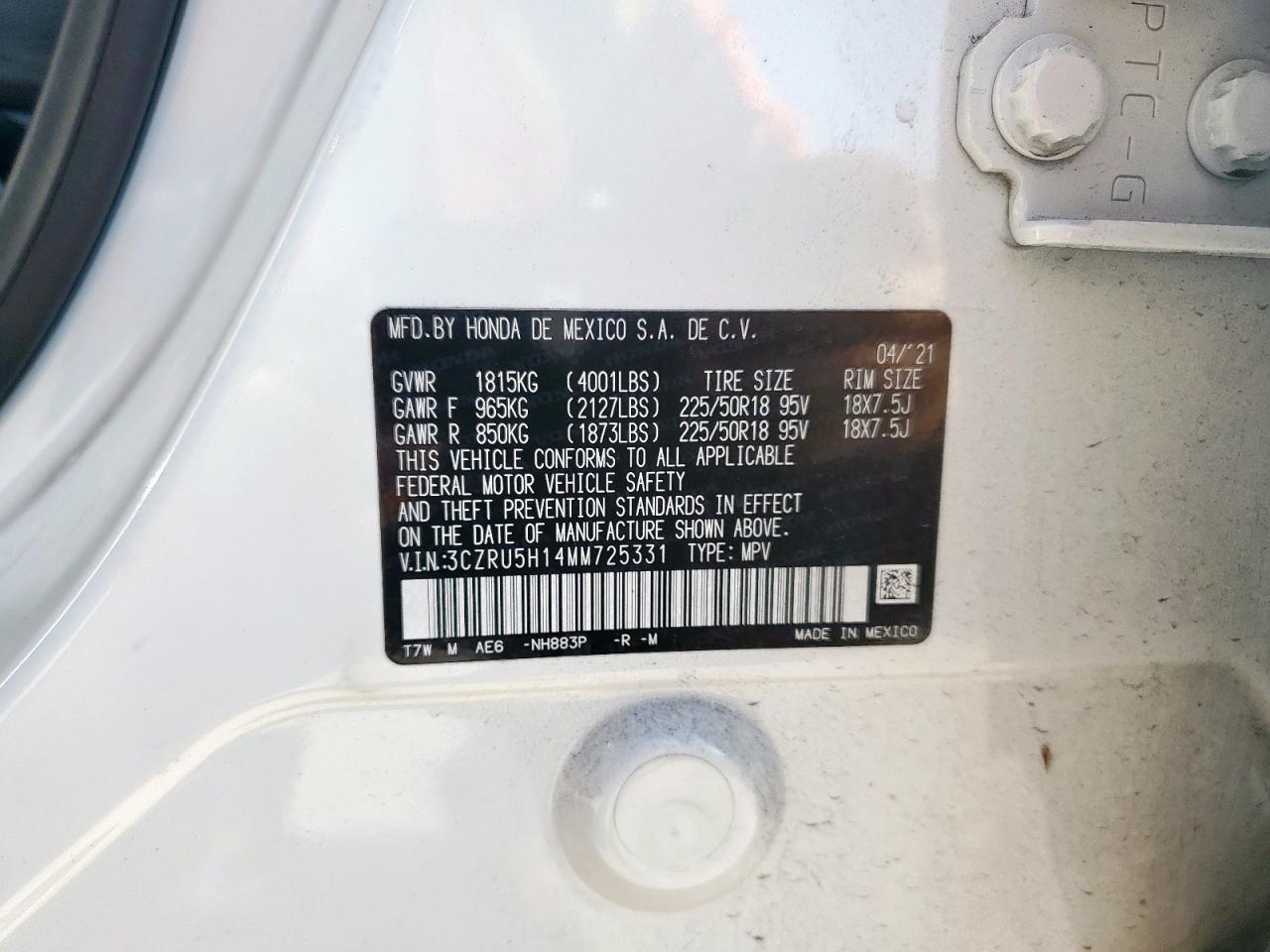 2021 Honda Hr-V Sport VIN: 3CZRU5H14MM725331 Lot: 82122155