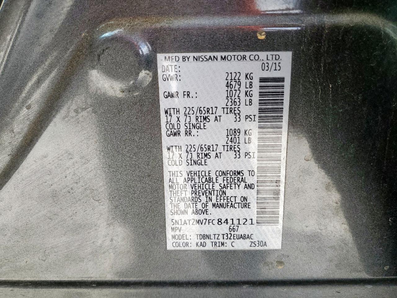 2015 Nissan Rogue S VIN: 5N1AT2MV7FC841121 Lot: 83982715