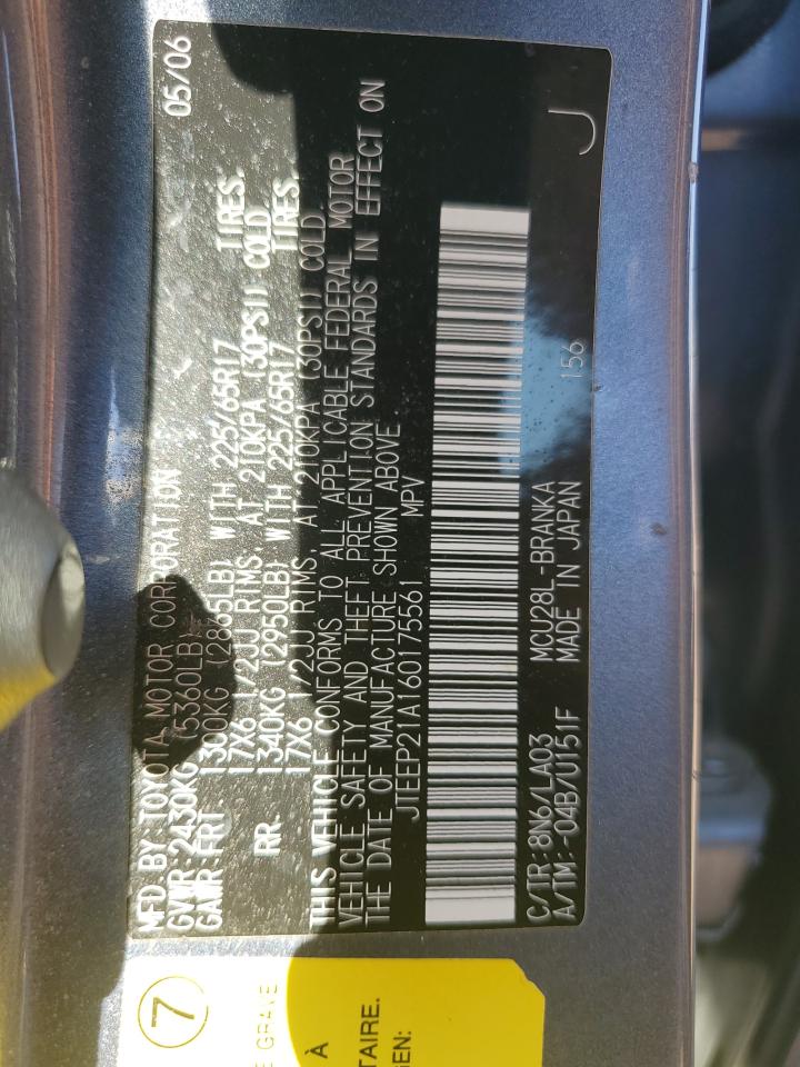 2006 Toyota Highlander Limited VIN: JTEEP21A160175561 Lot: 71798935