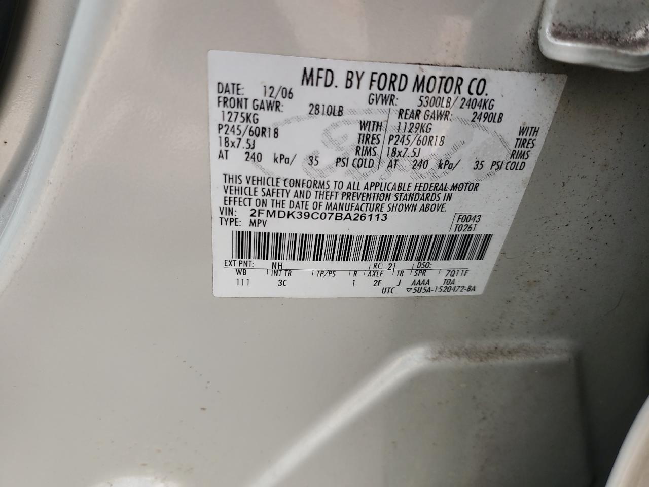 2007 Ford Edge Sel Plus VIN: 2FMDK39C07BA26113 Lot: 71610495