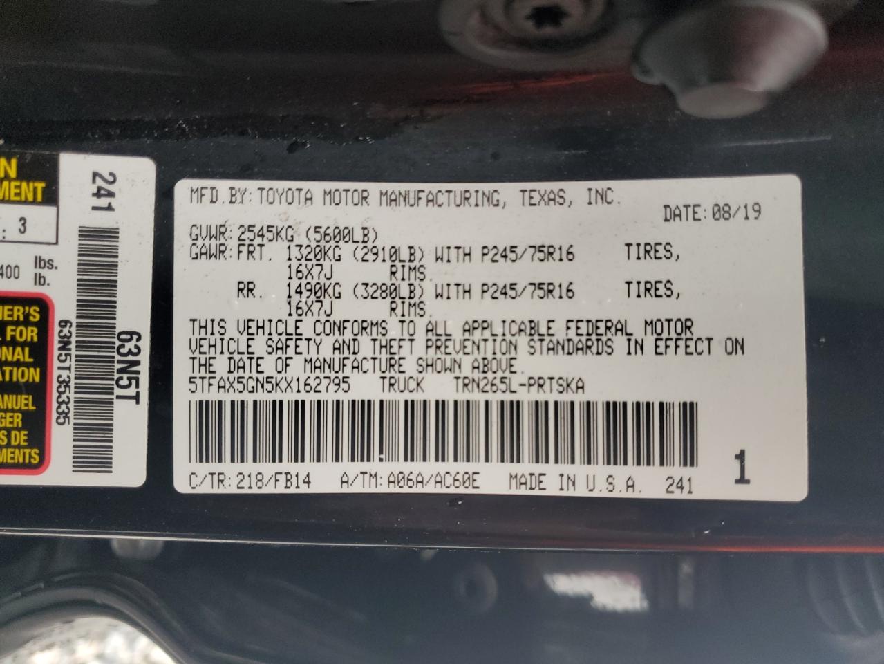 2019 Toyota Tacoma Double Cab VIN: 5TFAX5GN5KX162795 Lot: 83941785
