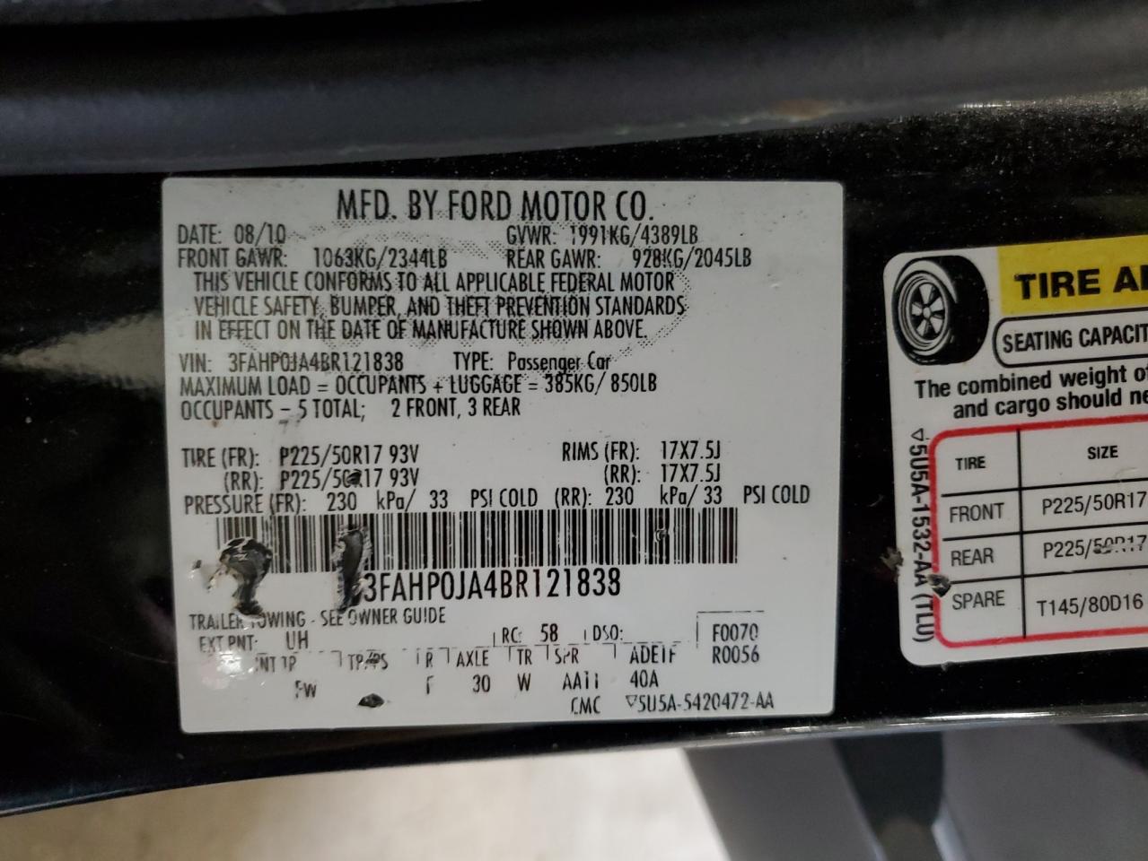 2011 Ford Fusion Sel VIN: 3FAHP0JA4BR121838 Lot: 80744695