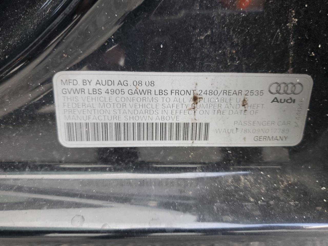 2009 Audi A4 2.0T Quattro VIN: WAULF78K09N017789 Lot: 84199765