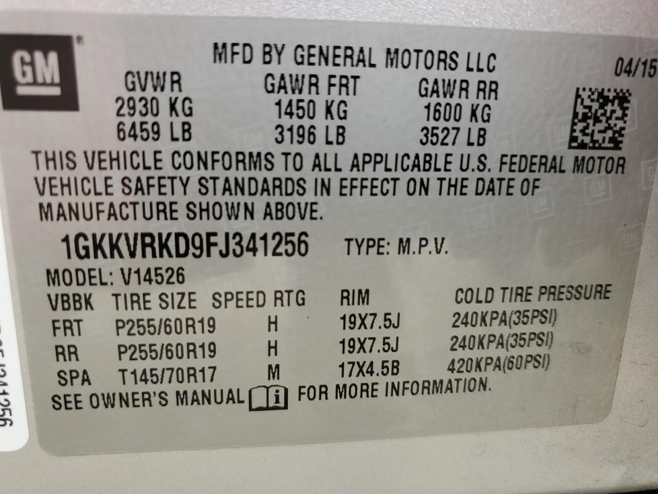 2015 GMC Acadia Slt-1 VIN: 1GKKVRKD9FJ341256 Lot: 84627705