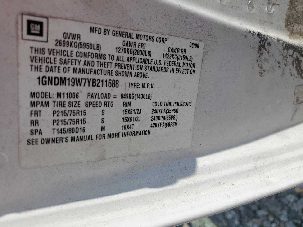 2000 Chevrolet Astro VIN: 1GNDM19W7YB211688 Lot: 71681875