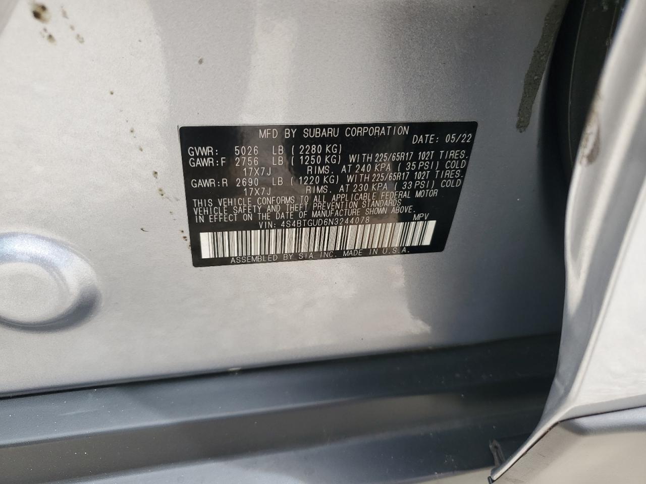 2022 Subaru Outback Wilderness VIN: 4S4BTGUD6N3244078 Lot: 71388465