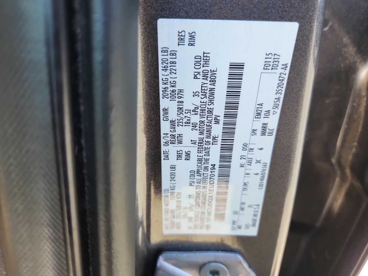 2014 Ford Escape Se VIN: 1FMCU0GX1EUD70194 Lot: 81667455