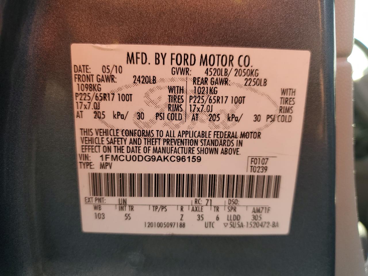 2010 Ford Escape Xlt VIN: 1FMCU0DG9AKC96159 Lot: 81517415