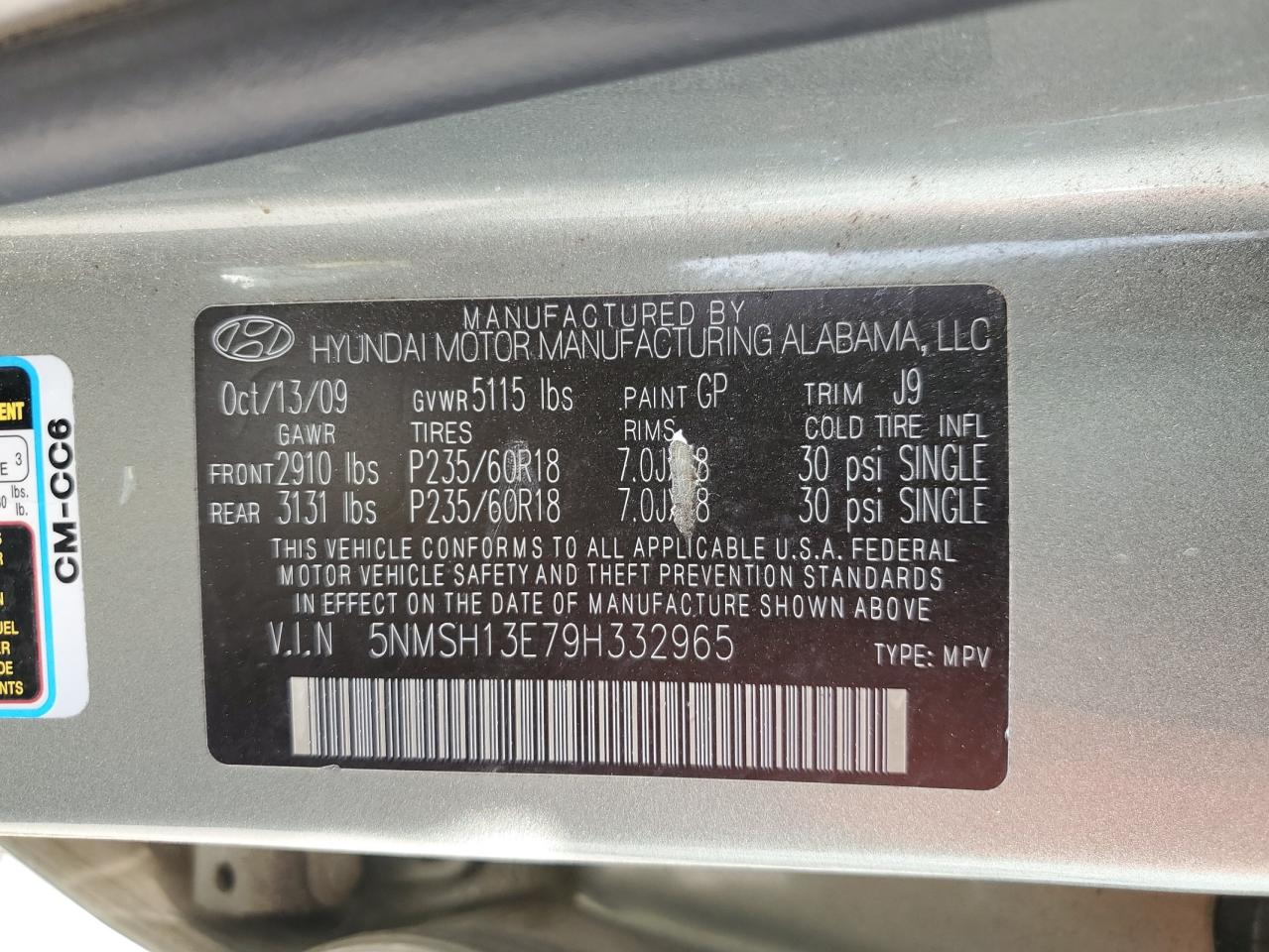 2009 Hyundai Santa Fe Se VIN: 5NMSH13E79H332965 Lot: 80073595