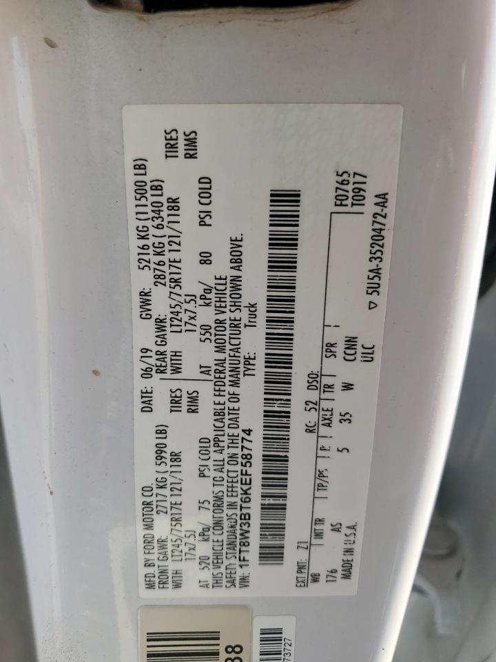 2019 Ford F350 Super Duty VIN: 1FT8W3BT6KEF58774 Lot: 80196135