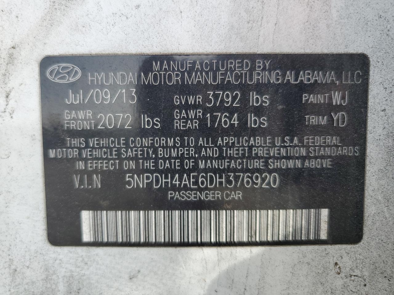 2013 Hyundai Elantra Gls VIN: 5NPDH4AE6DH376920 Lot: 84057955