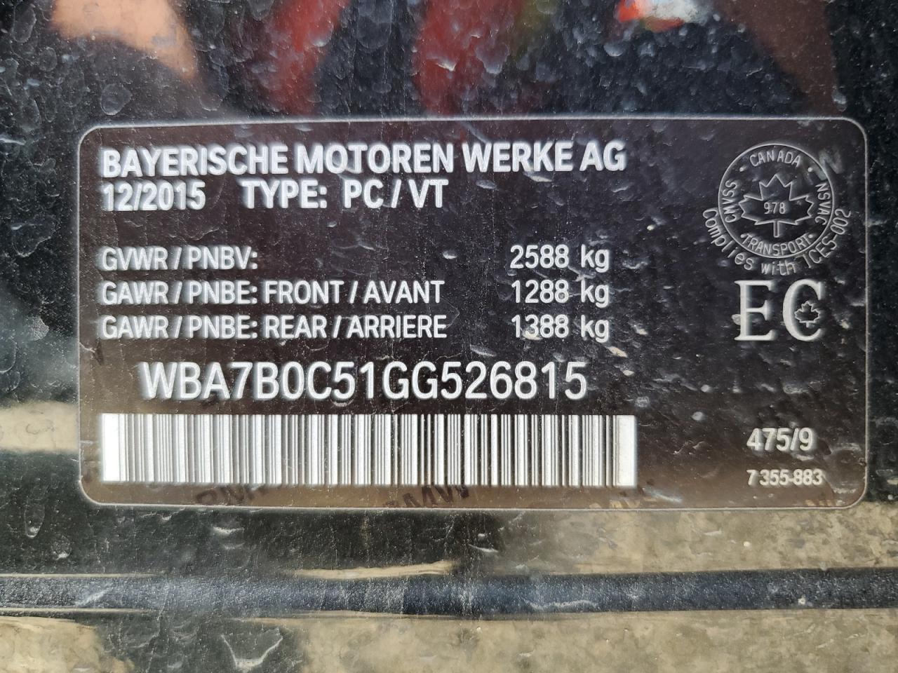 2016 BMW 750 Xi VIN: WBA7B0C51GG526815 Lot: 80511235