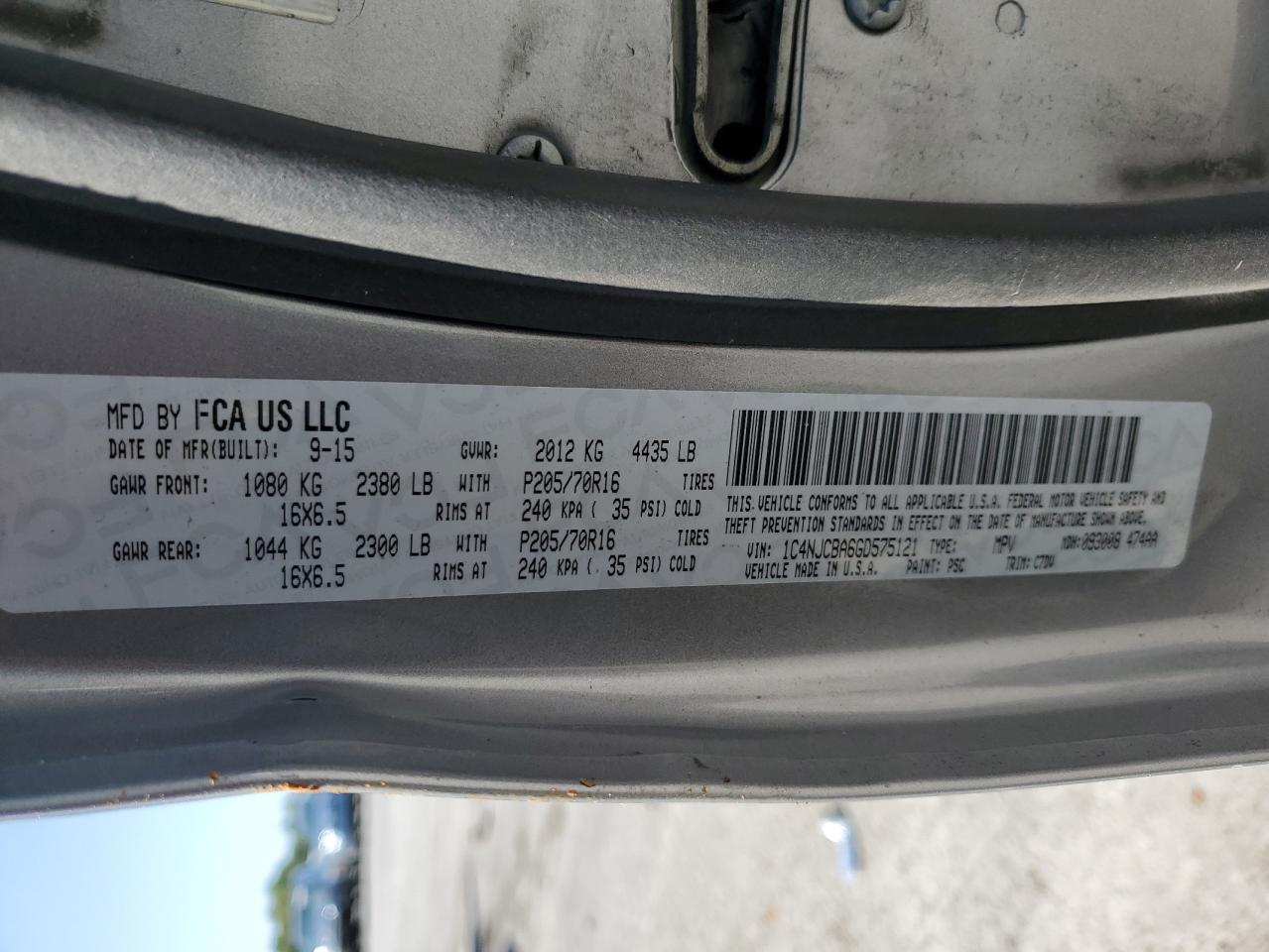 2016 Jeep Compass Sport VIN: 1C4NJCBA6GD575121 Lot: 72015305