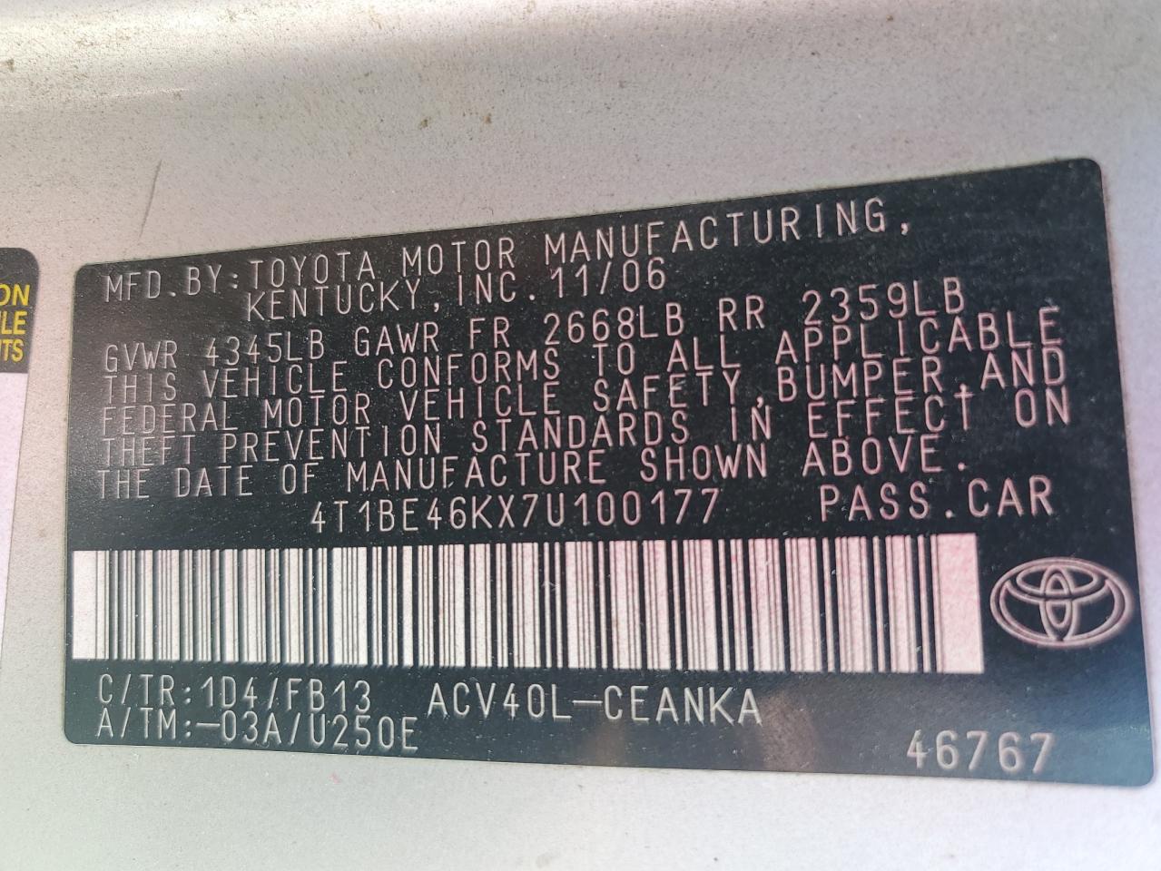 2007 Toyota Camry Ce VIN: 4T1BE46KX7U100177 Lot: 81345965