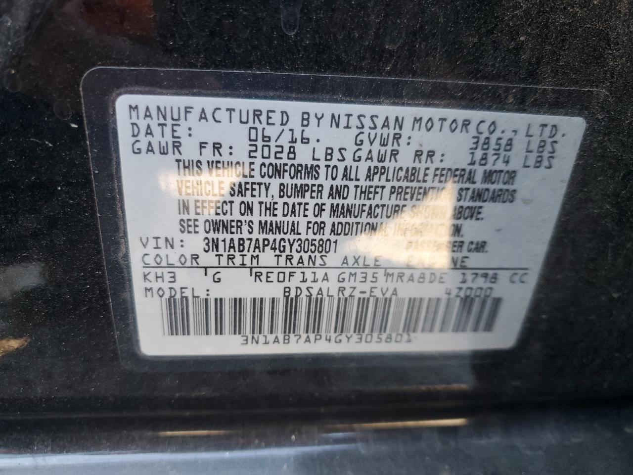 2016 Nissan Sentra S VIN: 3N1AB7AP4GY305801 Lot: 83993935