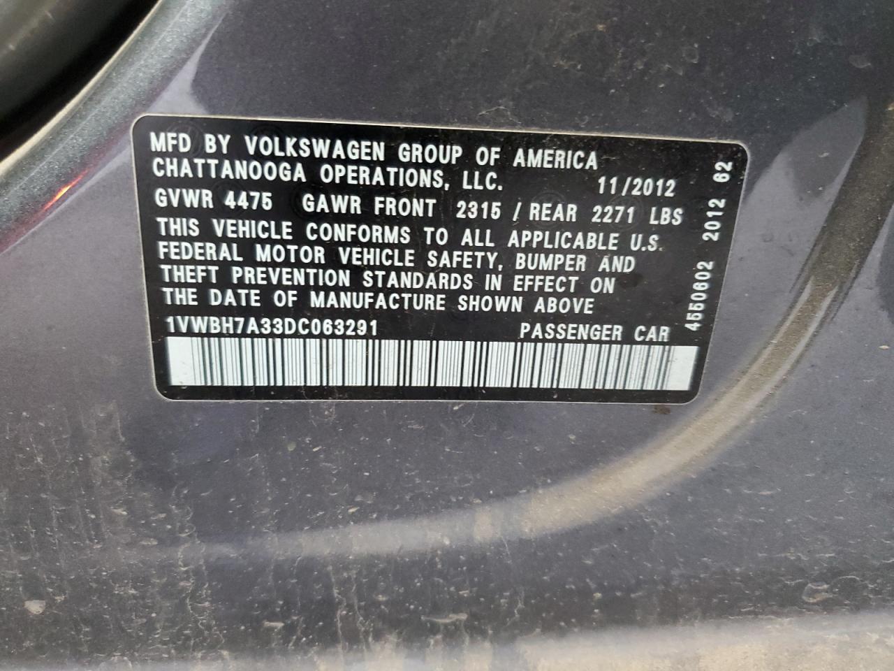 2013 Volkswagen Passat Se VIN: 1VWBH7A33DC063291 Lot: 84803025