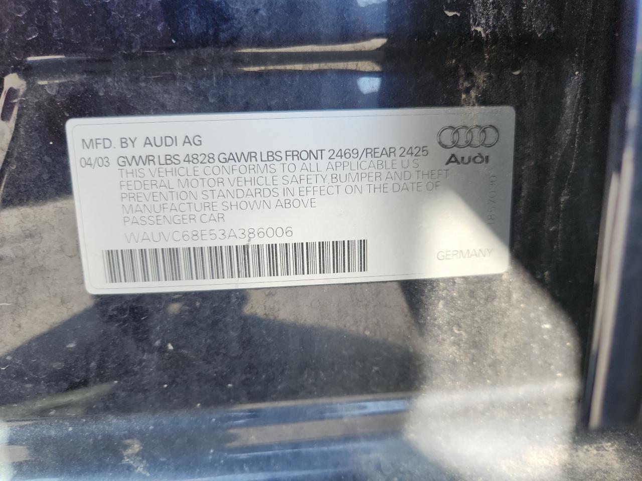 2003 Audi A4 1.8T Avant Quattro VIN: WAUVC68E53A386006 Lot: 81155685