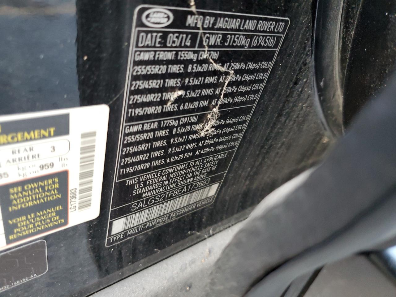 2014 Land Rover Range Rover Supercharged VIN: SALGS2TF8EA173683 Lot: 80338445