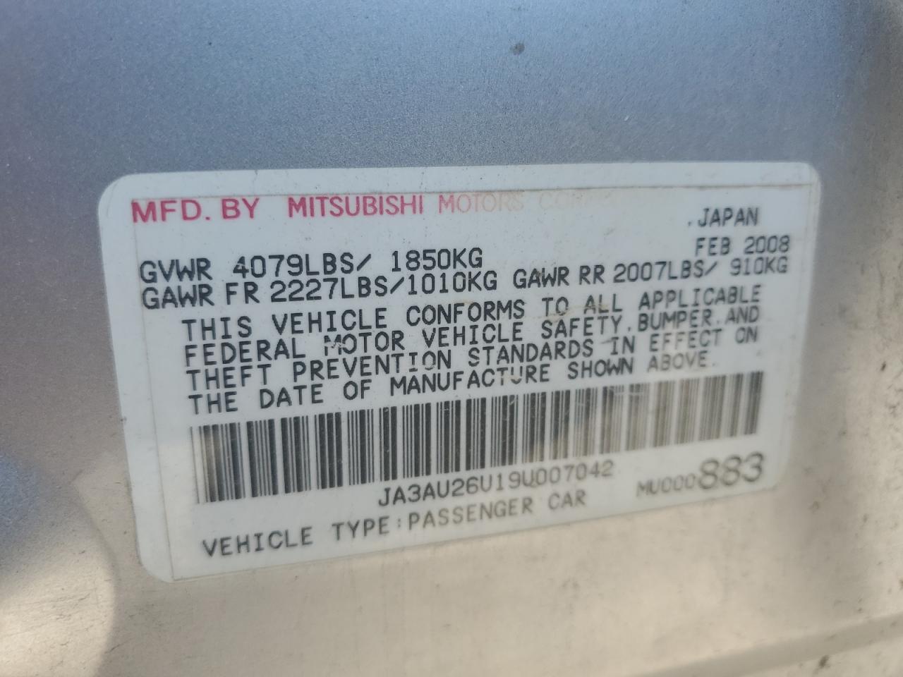 2009 Mitsubishi Lancer Es/Es Sport VIN: JA3AU26U19U007042 Lot: 80164525